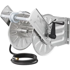 GREENER STAINLESS STEEL HOSE REEL OUTSIDE WALL MOUNT GARDEN HOSE HOLDER - SILVER