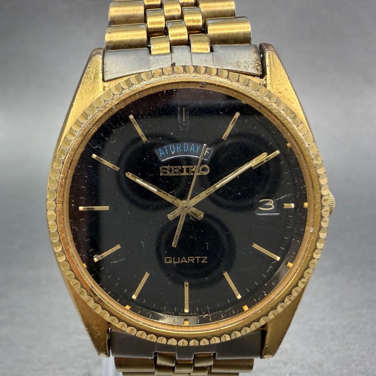 Seiko President Watch Men 36mm Black Dial Gold Tone Daydate 7n43