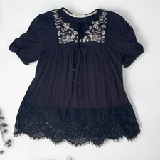 Jolt Black Embroidered Boho Blouse M Lace Hem Whimsygoth Cottagecore Tunic Top