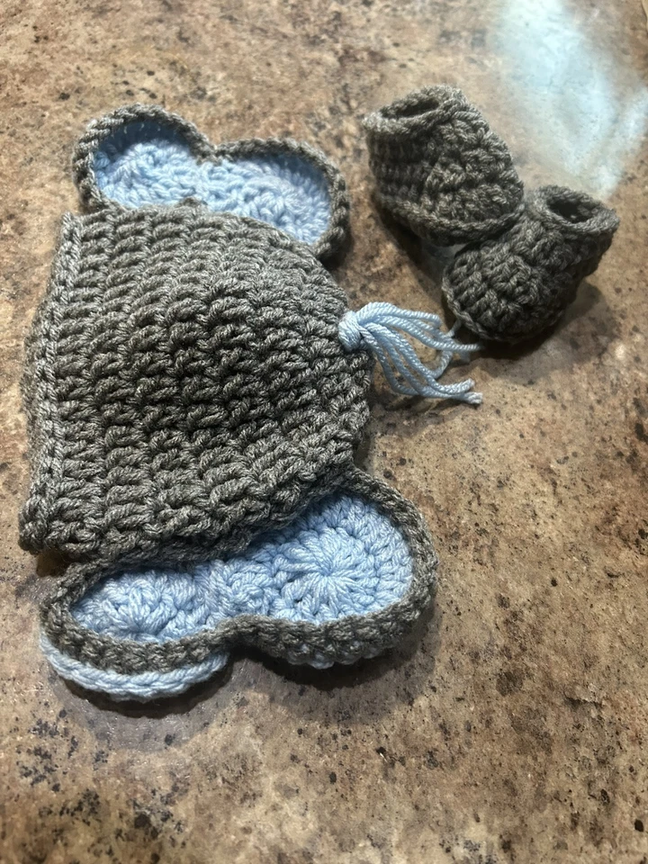 Hecho a mano ganchillo recién nacido - 3 meses bebé elefante sombrero botines conjunto foto utilería disfraz Foto 2 de 4