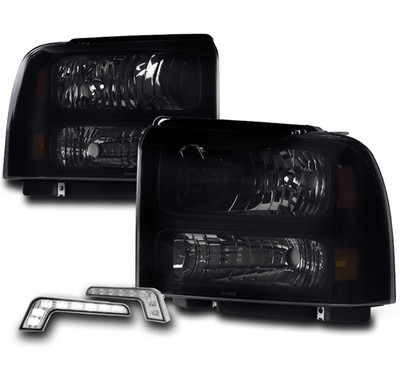 2005-2007 FORD SUPERDUTY EXCURSION BLACK/SMOKE HEADLIGHT LAMP+LED SIGNAL DRL KIT