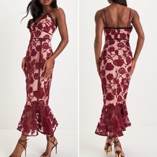 Lulu’s Alluring Dream Burgundy Floral Mesh Lace Trumpet Midi Dress Cocktail S