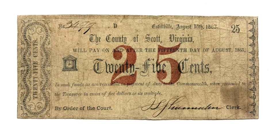 1862 25c The County of Scott - Estillville, VIRGINIA Note CIVIL WAR Era - Image 3 of 3
