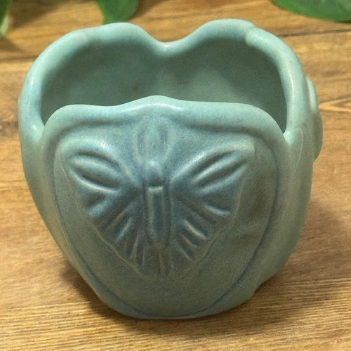 Butterfly Moth Tulip Vase Planter Blue Pottery Art Nouveau Style Van Briggle