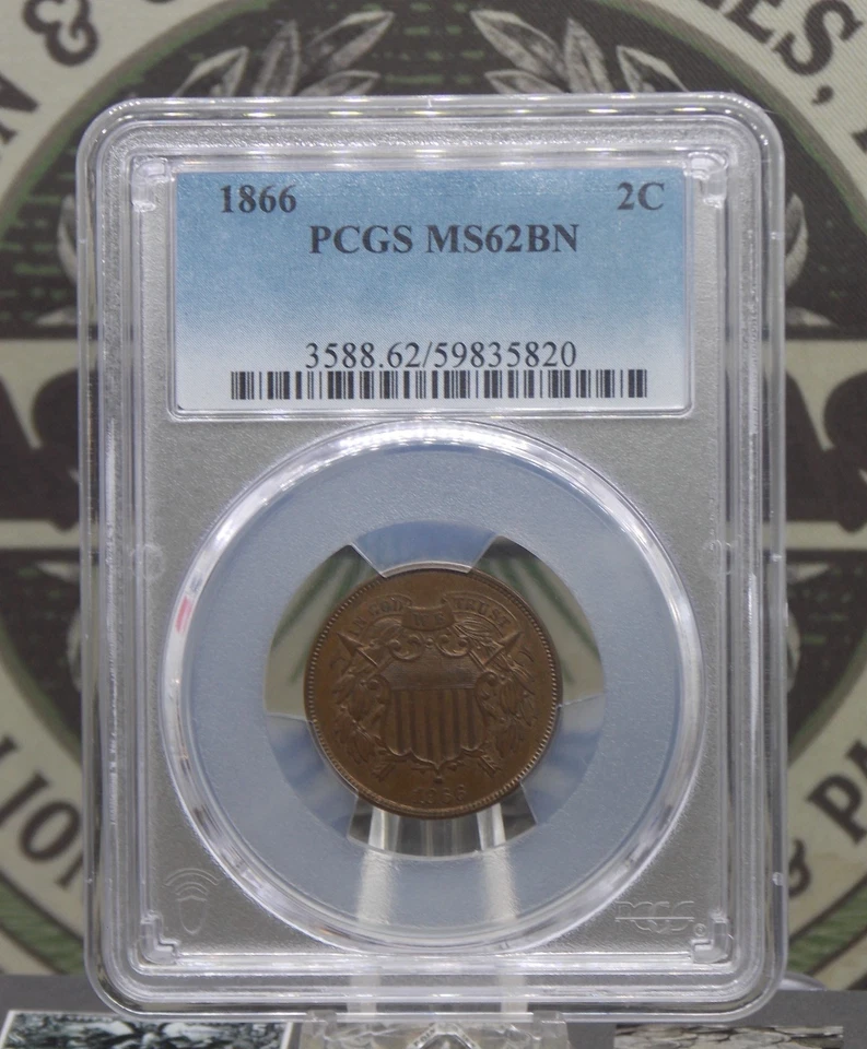 1866 U.S. Two 2 Cent Piece **OBSOLETE** 2c PCGS MS62 BN #820 Uncirculated ECC&C - Image 3 of 4