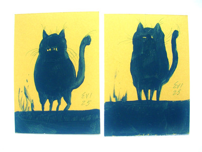 Schwarze Katze ACEO Original Gemälde Wandbild Sammlerstücke Leinwand 2,5x3,5 cm