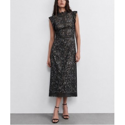 Zara Basic Lace Midi Dress Small Black Blue Mock Neck Ruffle Sheath Formal Goth