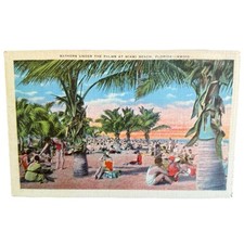 Vintage Linen Postcard Miami Beach Florida Palm Tree Sunbathers Made in the USA