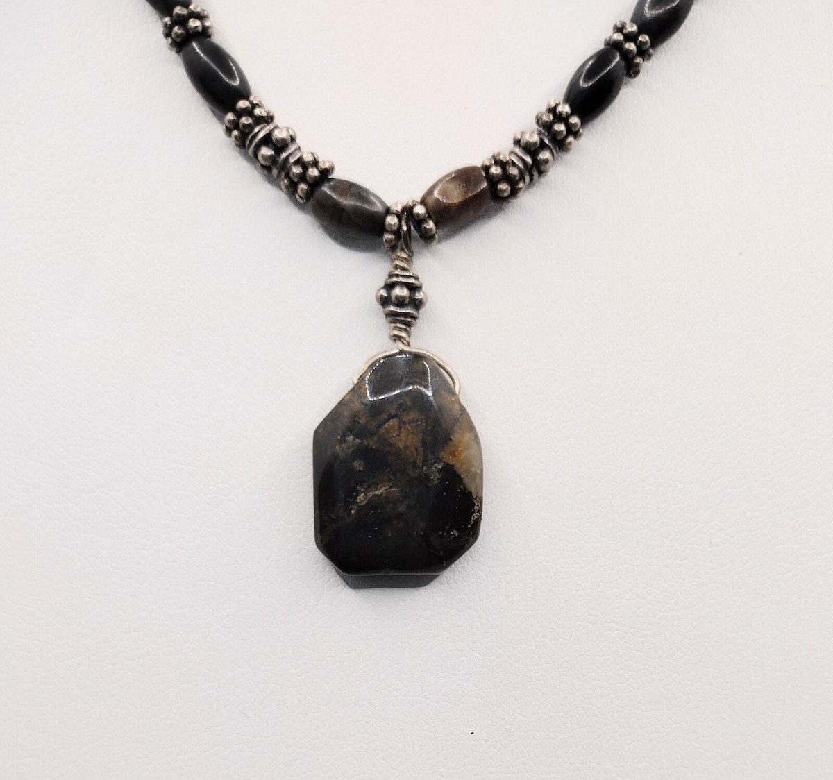 Vintage 925 Sterling Silver Brown Stone Chunky Beaded Necklace Toggle Estate Pc. View 2