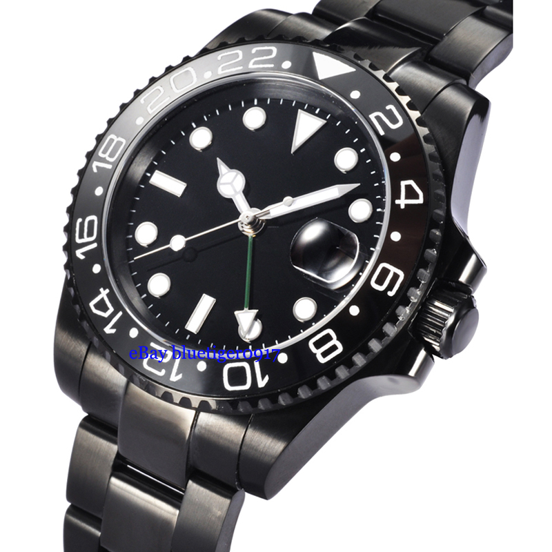 40mm Sapphire Glass Ceramic Bezel Men Parnis Black Automatic Movement GMT  Watch