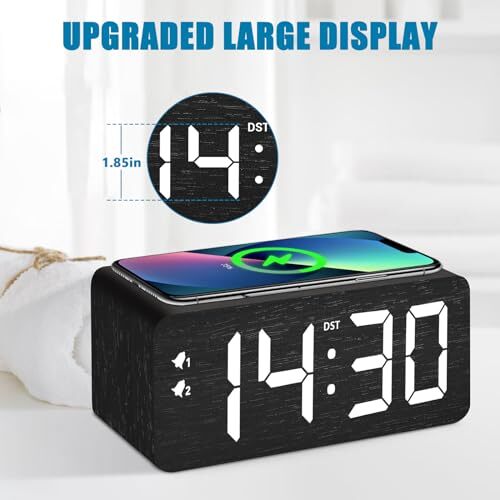 Wood Digital Alarm Clock with 10W Fast Wireless Charger, USB Charging Black - Picture 3 of 8