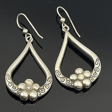 Sterling Silver White CZ Flower Scrolls Teardrop Long Dangle Earrings 11g