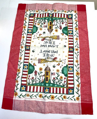 Vintage Patriotic Folk Art Linen Kitchen Towel Land That I love Angel Unused