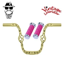 Vtg Lowrider 9" Handlebar Cage Square Twisted 25.4mm Gold, Velour Swirl Grips