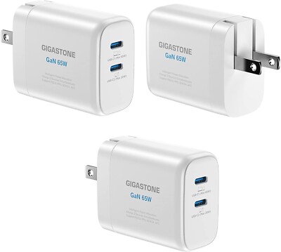 Gigastone 65W Dual USB C Charger [3 Pack] GaN Power Go PPS