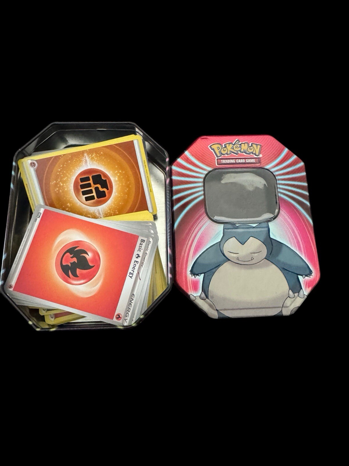 Snorlax Art Tin OPEN Stuffed W/ Yellow And Silver Boarder Energy Cards