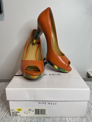 Nine West “Danee” Orange Multicolor Heel Peep Toe Platform Pumps Size M 