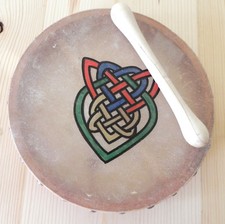 Vtg Bodhran Handpainted Handmade Celtic Design Drum/Stick/Book 8" Goatskin