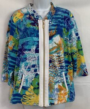 Onque Casuals Sz M Multicolor Floral Sweatshirt Jacket Top Zip 3/4 Sleeve Stretc