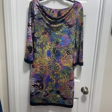T Edwards Womens Cowl Neck Dress Small Multicolor Print 3/4 Sleeve Poly Spandex