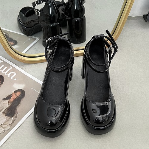 Scarpe donna moda plateau Mary Jane doppia fibbia tacco spesso decolte tacco alto - Foto 8 di 19