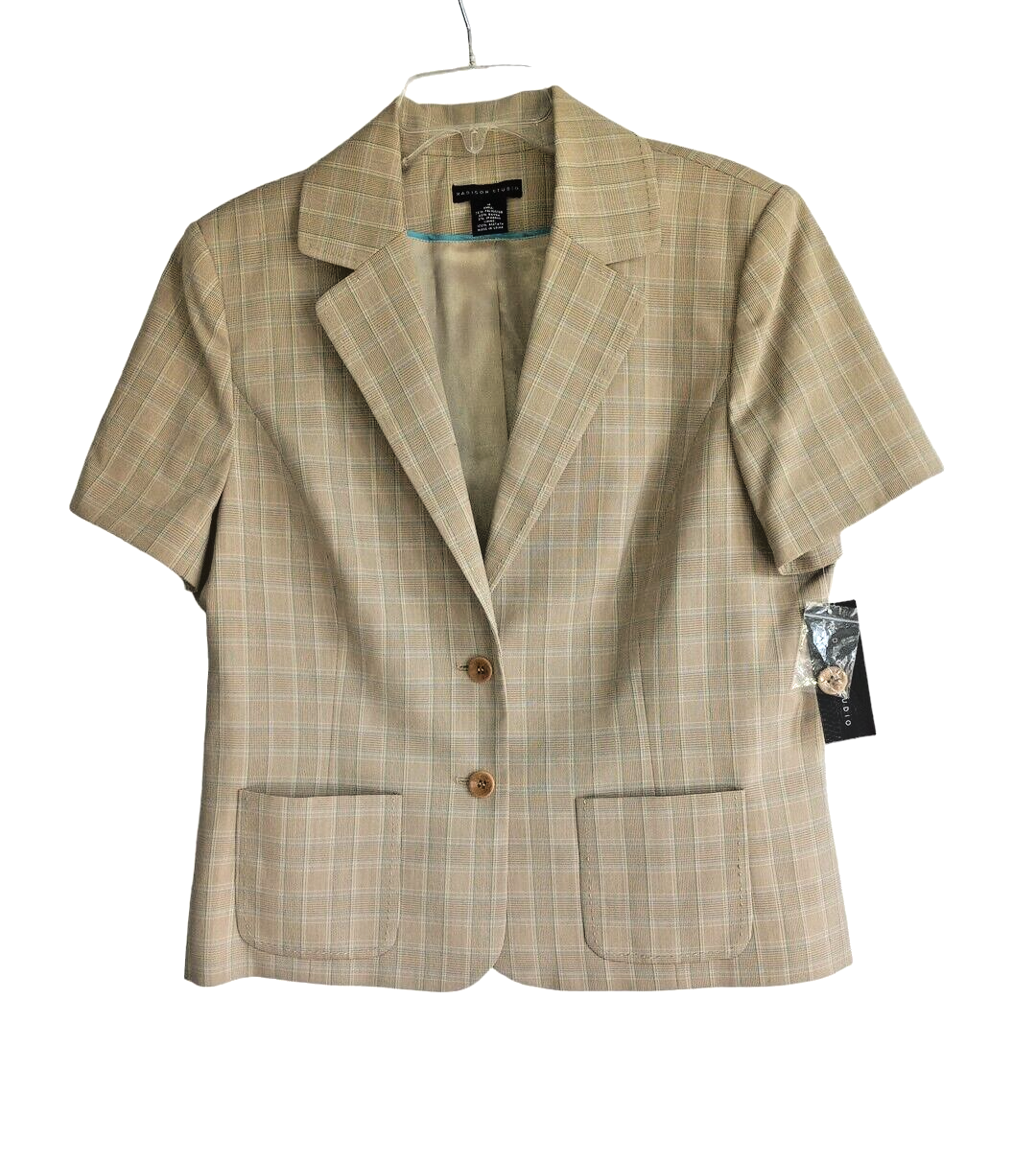 NEW Lined Tan White Plaid Short Sleeve Jacket Size 16 Career Wear with Pockets-image