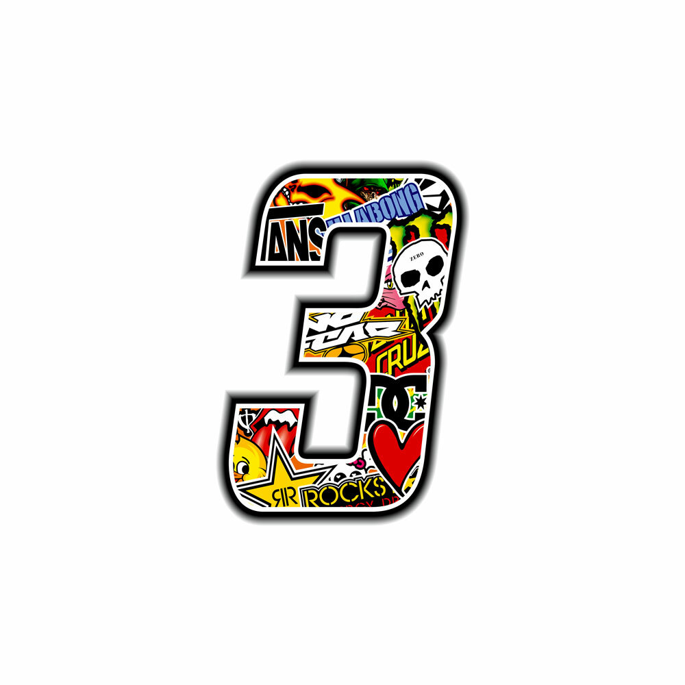 Adesivo Numero Gara per Moto "3" Sticker Bomb 100 mm
