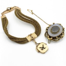Victorian Mourning Human Hair Watch Fob Locket & Brooch Lot of 2 #M1391-5
