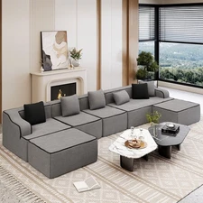 163'' Modular Sectional Sofa Corduroy Cloud Couch with Pillow 7-Seat Sofa Gray