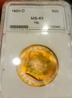 1950 D-Franklin 50c Half Dollar Unc, FBL -  Rainbow Toned - 90% Silver Coin