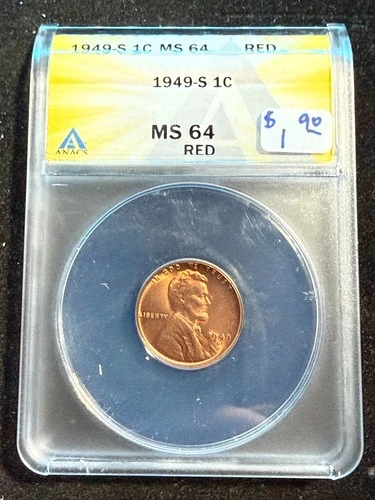 1949 S LINCOLN WHEAT CENT ANACS MS 64 RD 145