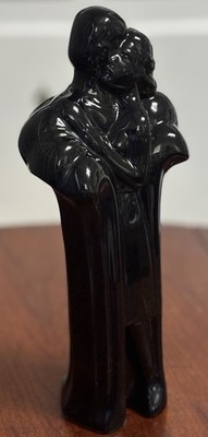 Black Ceramic Glossy Sculpture of Embracing Couple, Large Traditional Figurine