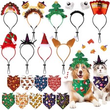 9 Set Holiday Dog Costume Halloween Thanksgiving Christmas Pet Headband Dog B...