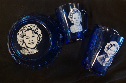 Shirley Temple Cobalt Blue Glass Wheaties Cereal Hazel Atlas Cup/Creamer/Bowl