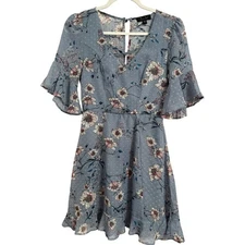Trixxi Women's S Cottagecore Floral Swiss Dot Bell Sleeve Ruffle Dress Fairy