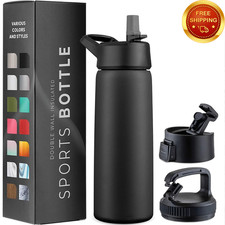 Triple Insulated Stainless Steel Water Bottle with Straw Flip Top Lid 750ML UK