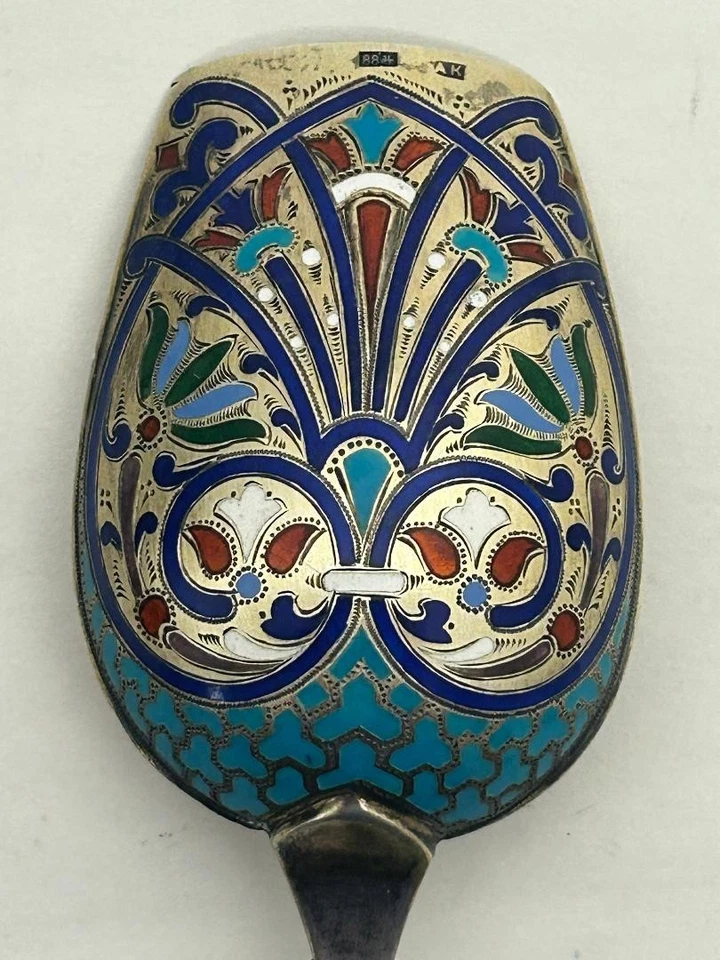 Antiguo carrito de té ruso de plata 88 esmalte champleve de Antip Kuzmichev 34 gramos Foto 4 de 4