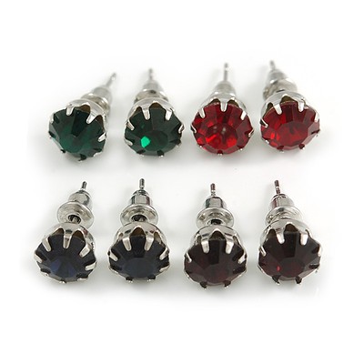 8mm Set Of 4 Round Jewelled Stud Earrings In Silver Tone Red/ Green/ Blue/