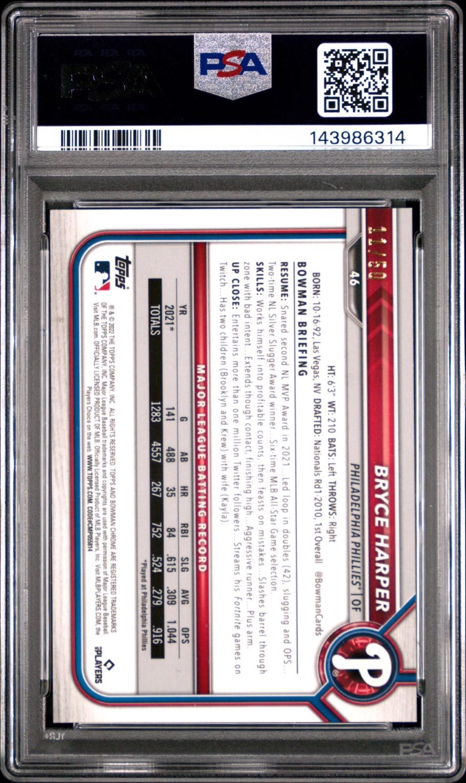 PSA 10 2022 Bowman Chrome Bryce Harper #46 Gold Refractor /50 view 2