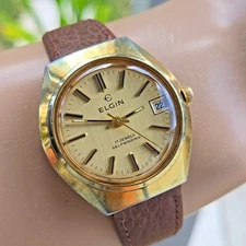 Vintage ELGIN men's  automatic watch DATE FHF 905 17Jewels swiss 1970s