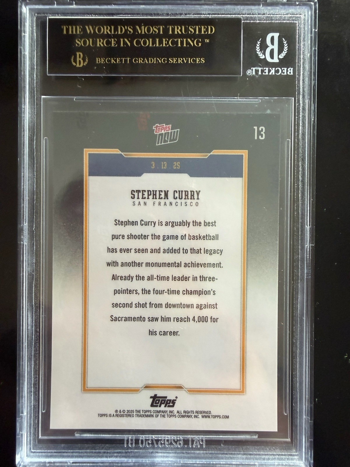 Topps 2024-25 Topps Now Stephen Curry #13 4,000 Career 3s BGS 10 black label view 2