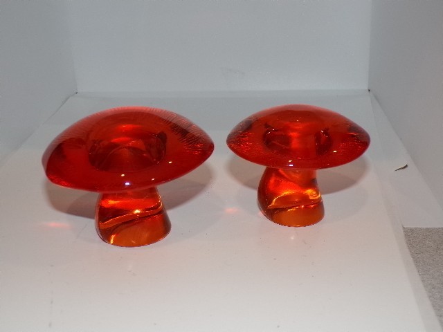2 Vintage Orange Viking Glass Mushroom Mushrooms Persimmon 3" & 2.5" top