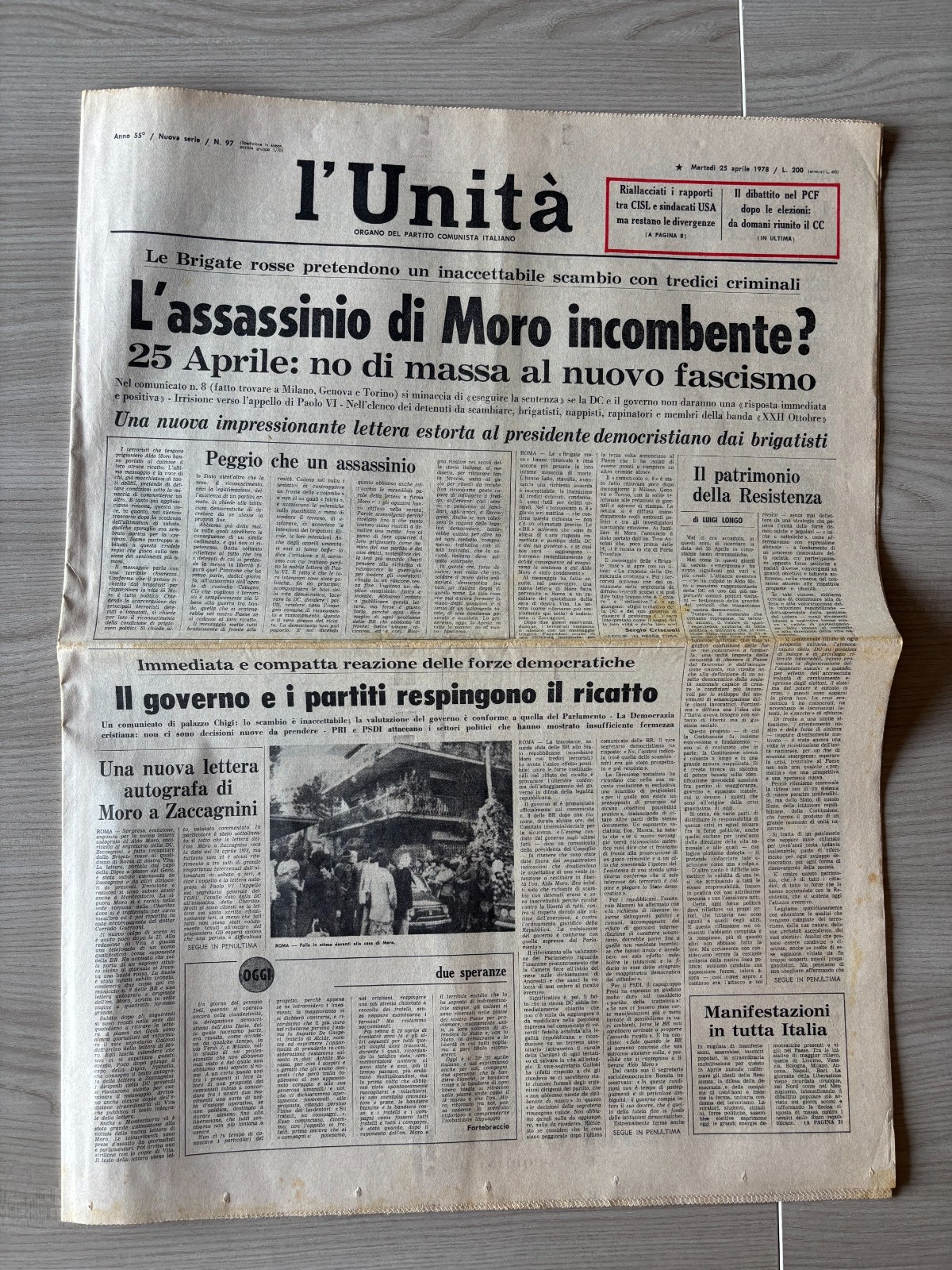L'UNITA'  25/04/78 L'ASSASSINIO DI MORO INCAMBENTE? BRIGATE ROSSE POLITICA