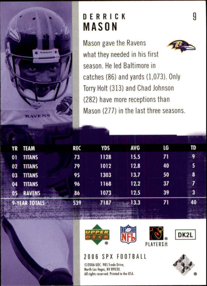 A2087- 2006 SPx #9 Derrick Mason - NM-MT - Image 2 of 2