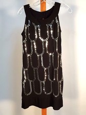 Womens Short Evening Dress SZ 4 Black Silver Slinky Stretch Shift Sequin B Smart