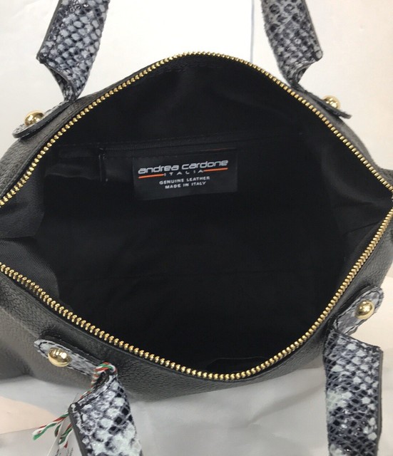 Andrea Cardone Made In Italy Zip Top Black leather satchel Handbag 455