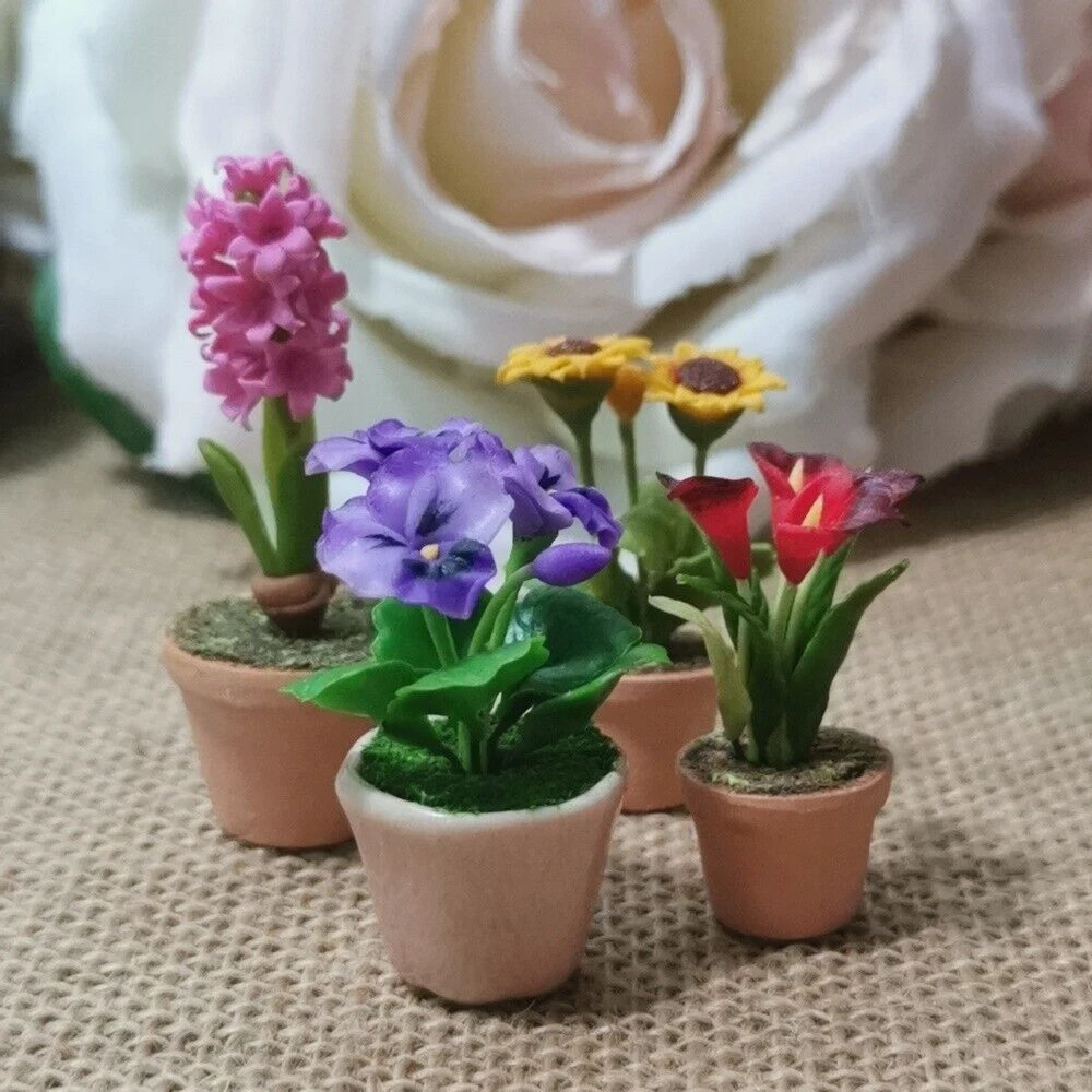 4 Miniature Flowers Clay in Plant Pots Dollhouse Miniature Handmade Home  Decor