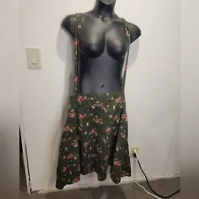 Unique vintage size 22/24 boho green corduroy floral skirt with suspenders