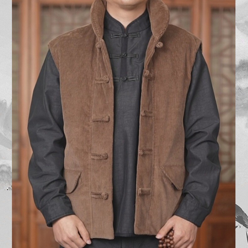 Chaleco de pana para hombre chino retro hebilla de disco chaleco cálido chaleco