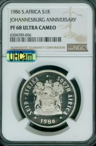 1986 SOUTH AFRICA SILVER 1 RAND NGC PF68 MAC UHCam 2ND FINEST GRADE MAC SPOTLESS